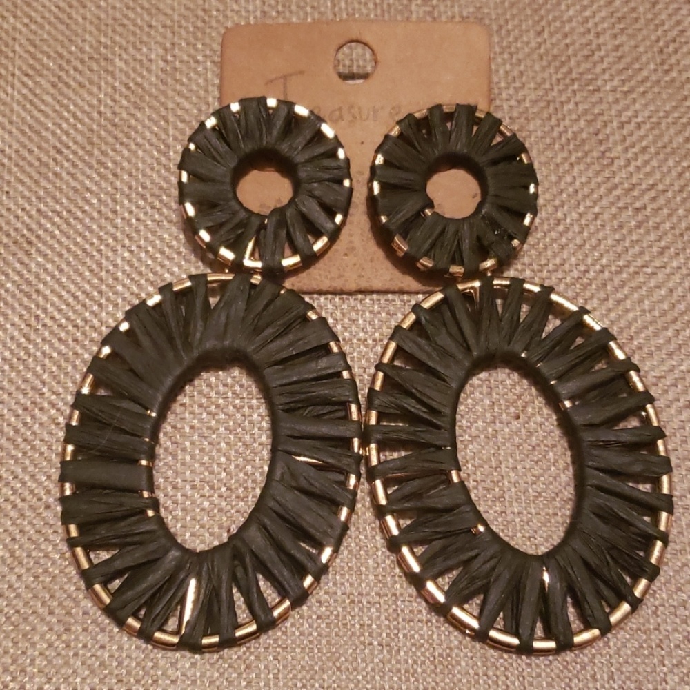 Black Wrapped Raffia Boho Gold Southwest Earrings